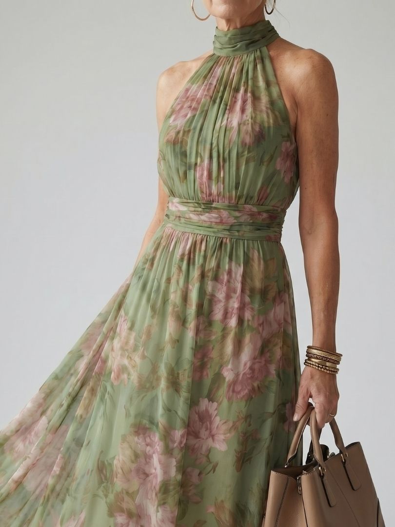 Women's Ruched Midi Dress with Halter Neck - Elegant and Feminine