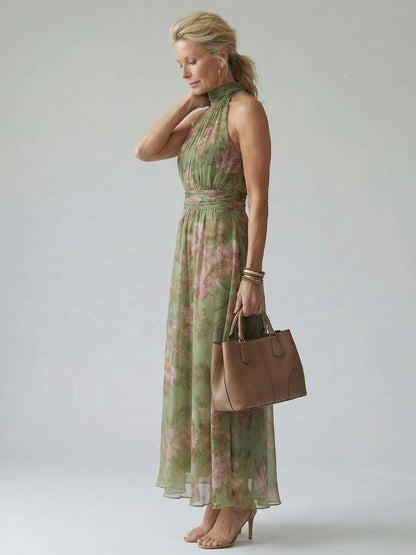 Women's Ruched Midi Dress with Halter Neck - Elegant and Feminine