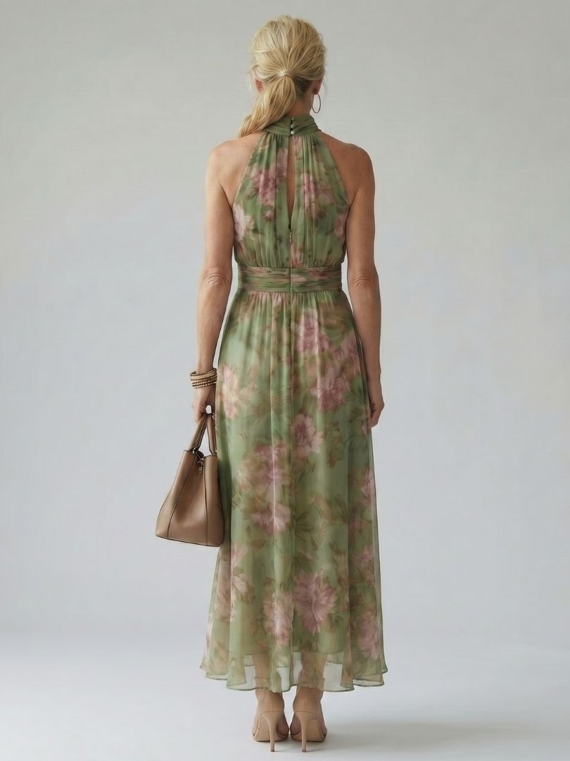 Women's Ruched Midi Dress with Halter Neck - Elegant and Feminine