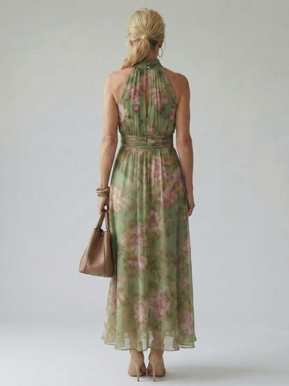 Women's Ruched Midi Dress with Halter Neck - Elegant and Feminine