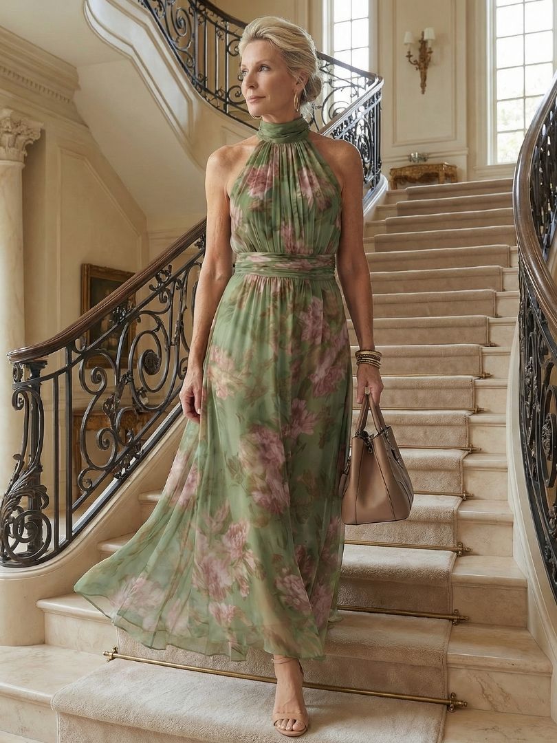 Women's Ruched Midi Dress with Halter Neck - Elegant and Feminine