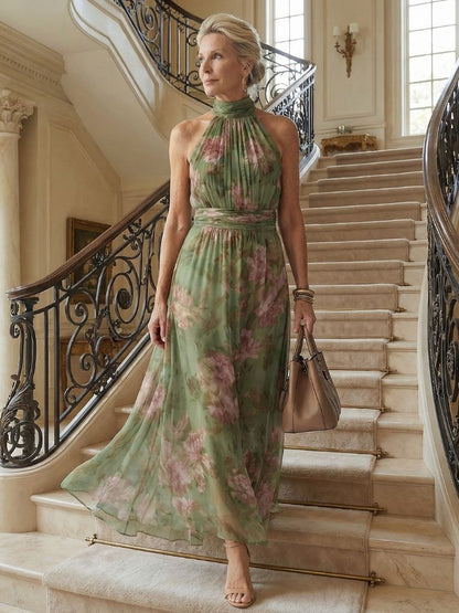 Women's Ruched Midi Dress with Halter Neck - Elegant and Feminine