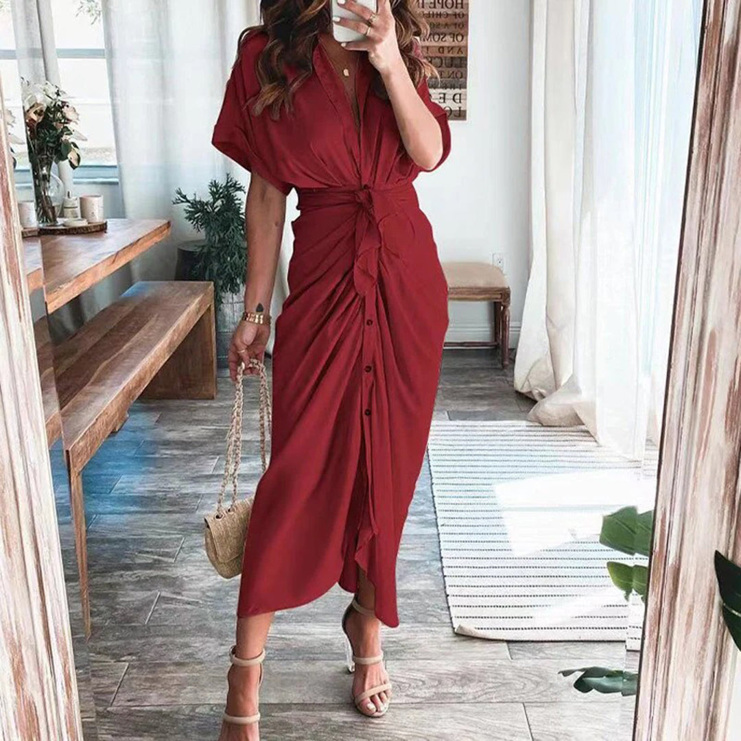 Robe Midi Satinée Femme Boutonnée Col V – Détail Taille Froncée Manches Longues