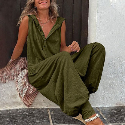 Women's Hooded Jumpsuit with Wide Legs – Casual Cotton-Linen Overalls
