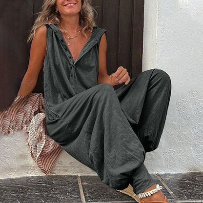 Women's Hooded Jumpsuit with Wide Legs – Casual Cotton-Linen Overalls