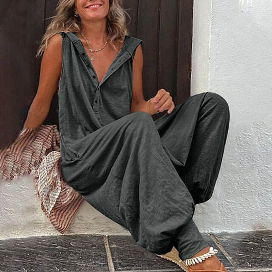 Women's Hooded Jumpsuit with Wide Legs – Casual Cotton-Linen Overalls