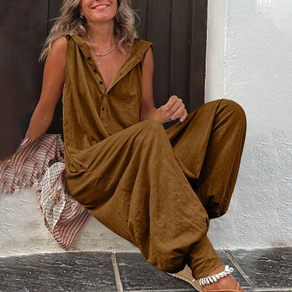 Women's Hooded Jumpsuit with Wide Legs – Casual Cotton-Linen Overalls
