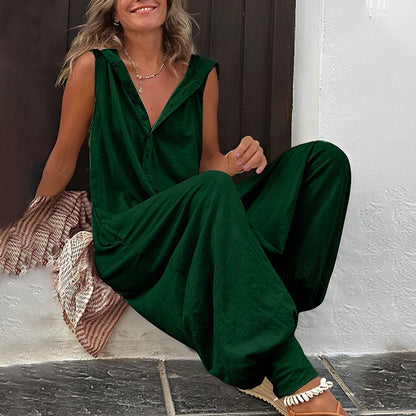 Women's Hooded Jumpsuit with Wide Legs – Casual Cotton-Linen Overalls