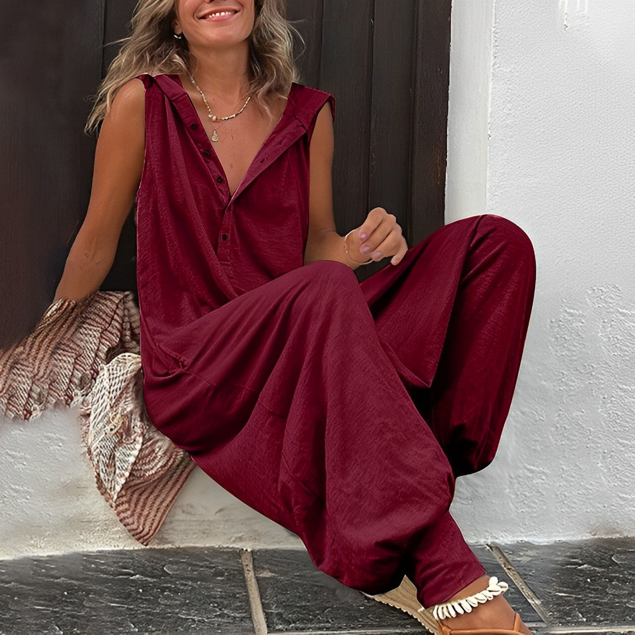 Women's Hooded Jumpsuit with Wide Legs – Casual Cotton-Linen Overalls