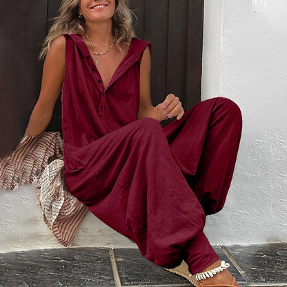Women's Hooded Jumpsuit with Wide Legs – Casual Cotton-Linen Overalls