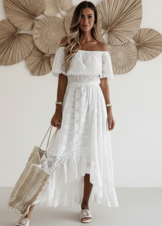 Elegant White Embroidered Dress for Women – Long Style with Bare Shoulders