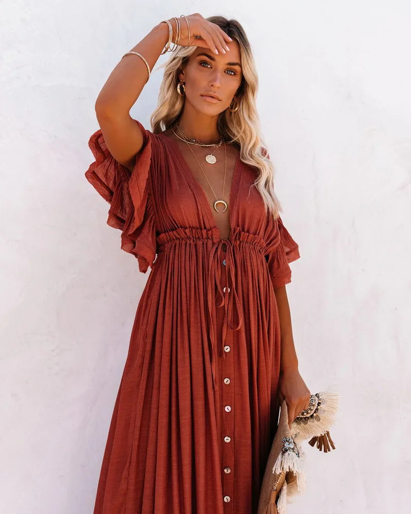 Robe Maxi Élégante Brique Femme – Col V Boutonné et Manches Volantes