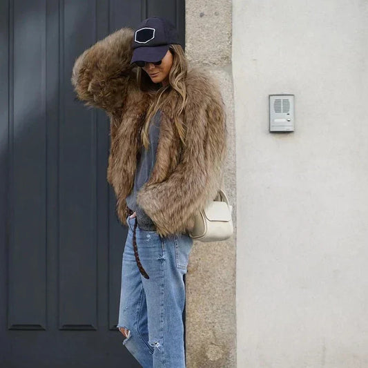 Femme Veste fourrure marron élégante luxueuse – Élégante, polyvalente, confortable