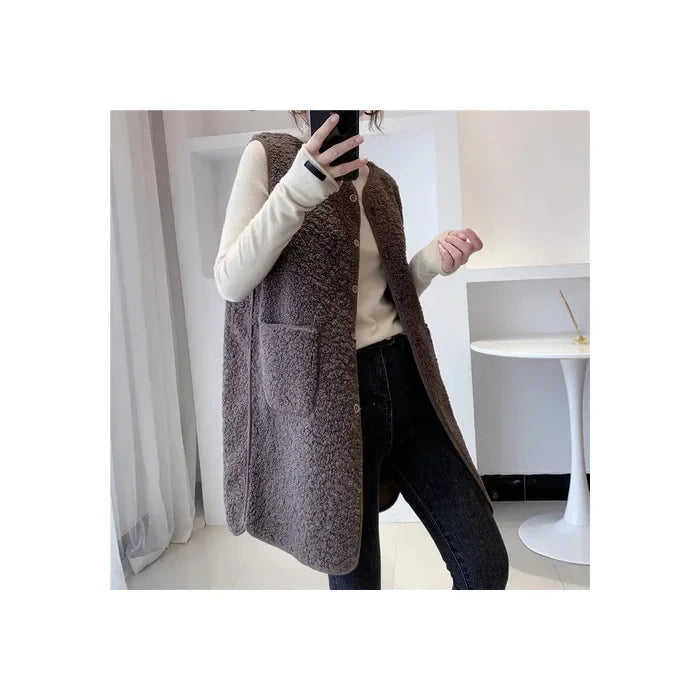 Gilet Long Élégant Femme en Mélange de Laine – Veste Sans Manches Minimaliste et Chaude