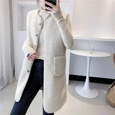Gilet Long Élégant Femme en Mélange de Laine – Veste Sans Manches Minimaliste et Chaude