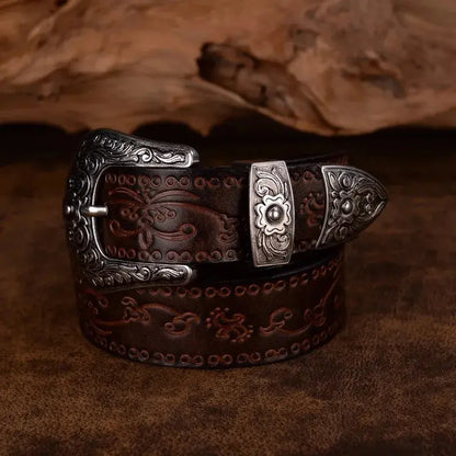 Ceinture homme en cuir de style western - Boucle gravée, style cow-boy classique