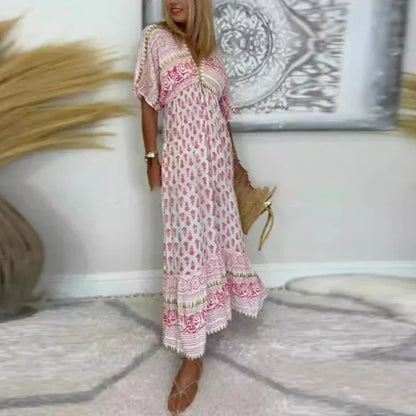 Robe longue bohème femme imprimée – Robe maxi col V manches courtes style boho chic estival