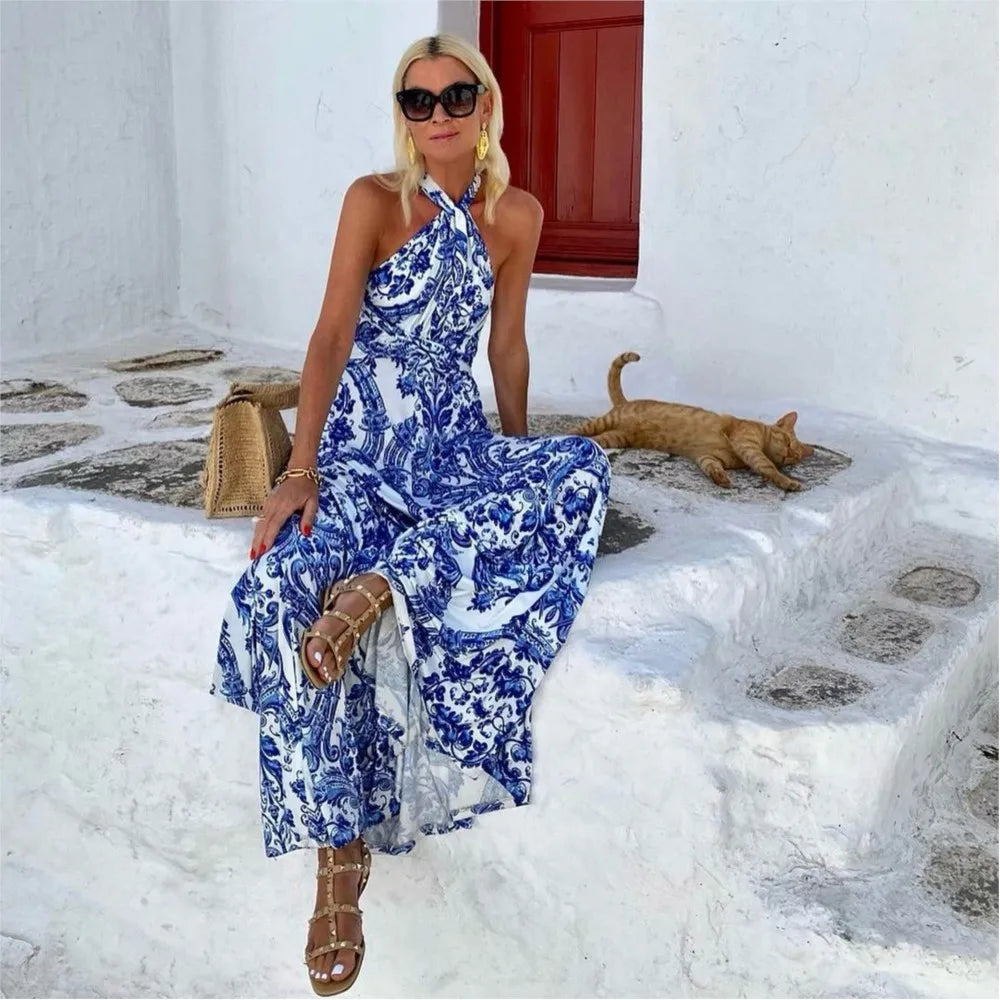 Women's halter neck backless maxi dress - Chic and summery
