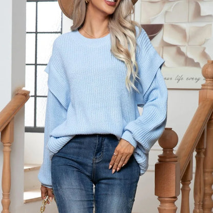 Pull Femme Manches Côtelées Élégantes – Tricot à Col Rond
