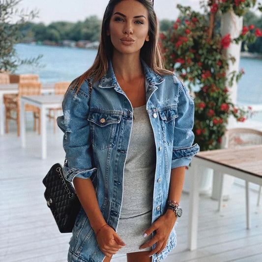 Femme Élégante Bleue Oversized Denim Veste – Vêtements d'extérieur Décontracté Vintage