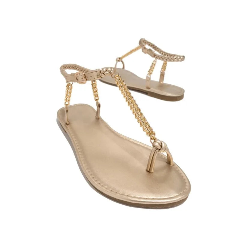 Sandales Plates Décontractées Dorées à Chaîne Femmes – Modernes, Confortables