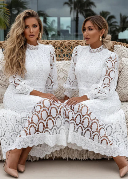 Robe Midi en Dentelle Blanche Élégante Femme – Manches Longues Coupe A-Line
