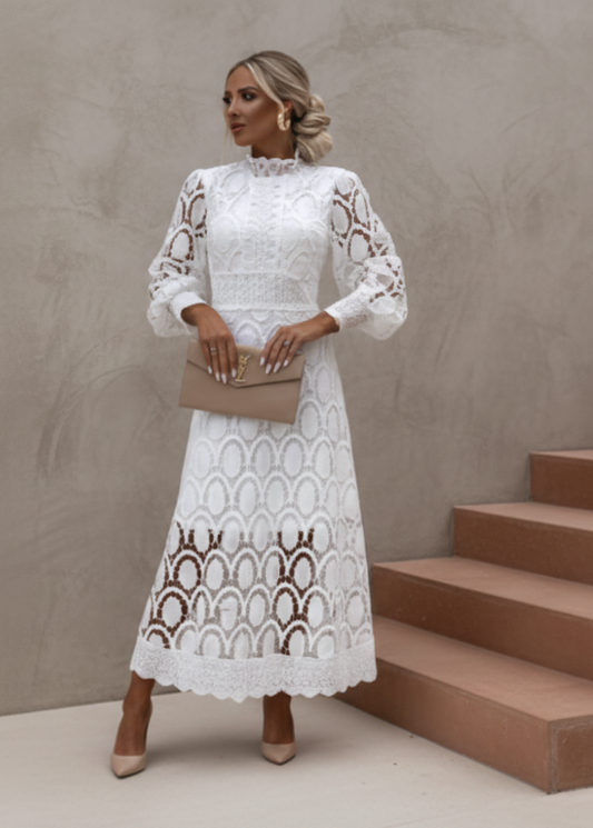 Elegant White Lace Midi Dress for Women – Long Sleeves A-Line Cut
