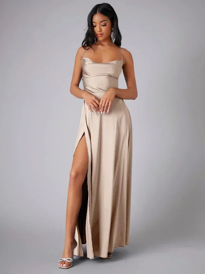 Women's Satin Evening Dress with Open Back and Slit - Elegant and Glamorous