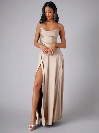 Women's Satin Evening Dress with Open Back and Slit - Elegant and Glamorous