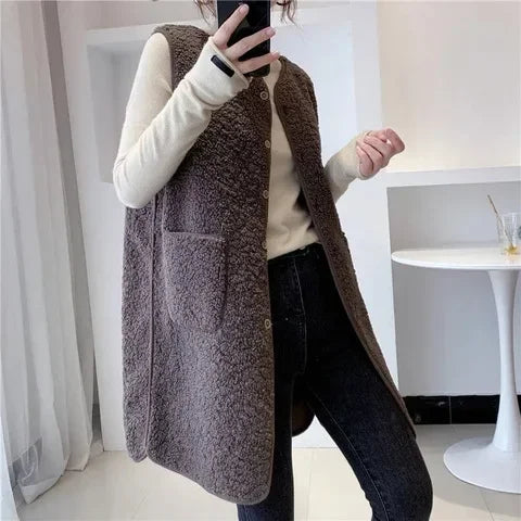 Gilet Long Élégant Femme en Mélange de Laine – Veste Sans Manches Minimaliste et Chaude