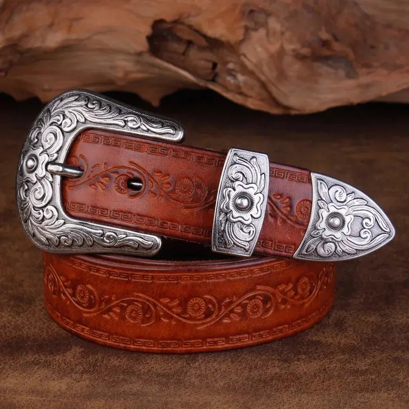 Ceinture homme en cuir de style western - Boucle gravée, style cow-boy classique