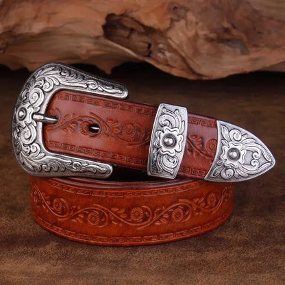 Ceinture homme en cuir de style western - Boucle gravée, style cow-boy classique