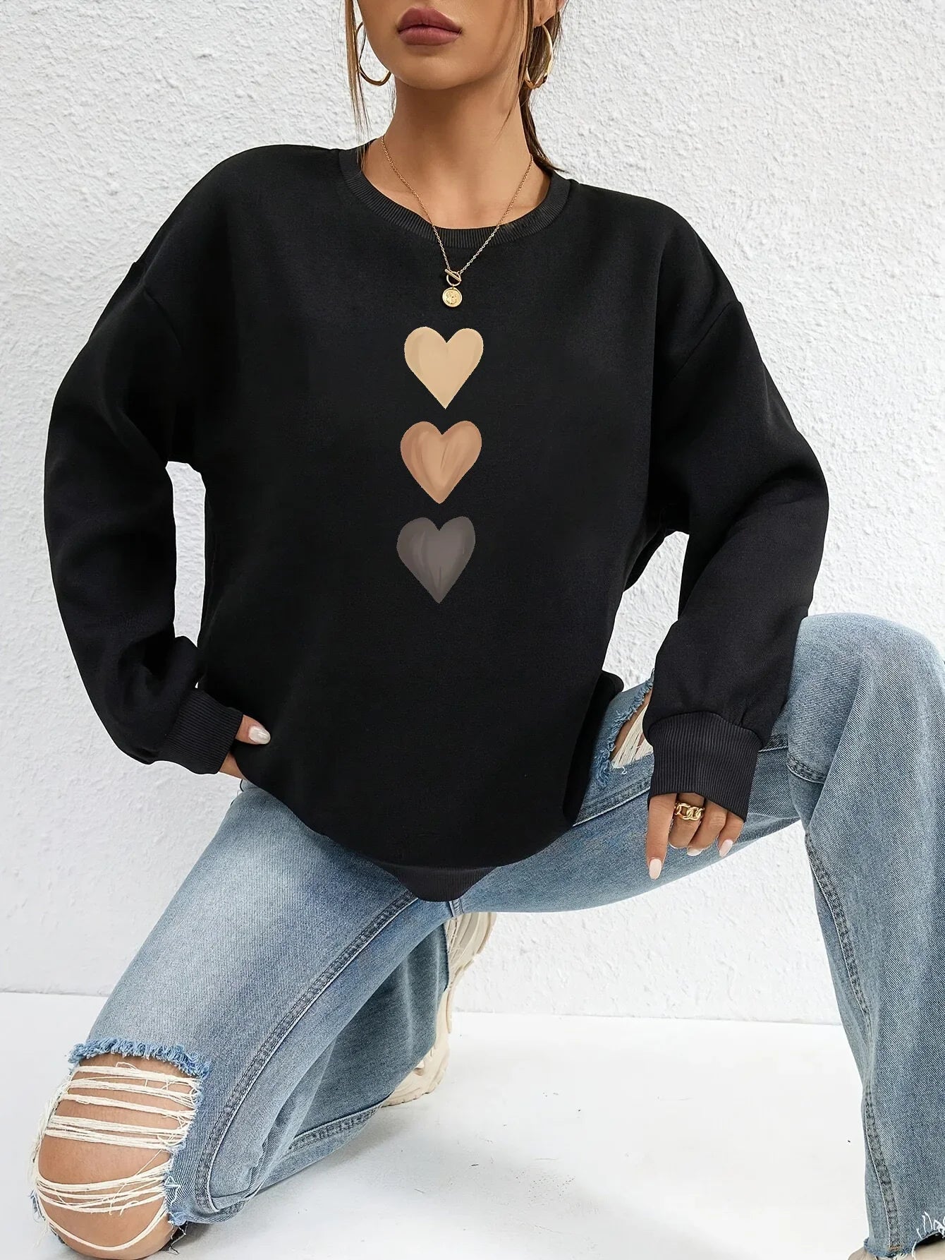 Sweatshirt Imprimé Cœurs pour Femme – Haut Élégant Décontracté et Confortable