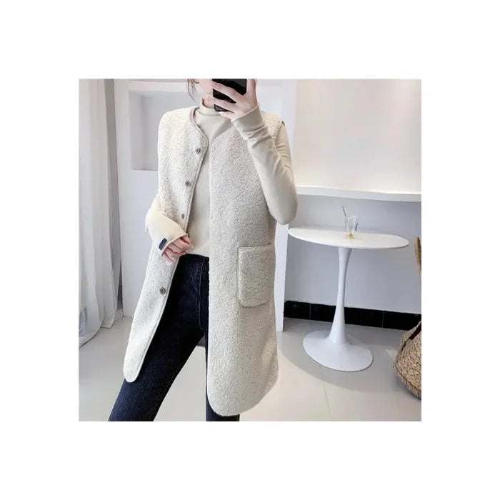 Gilet Long Élégant Femme en Mélange de Laine – Veste Sans Manches Minimaliste et Chaude