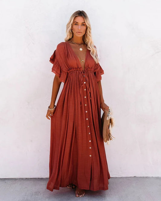Elegant Maxi Dress Brick for Women – V-Neck with Buttons and Flared Sleeves