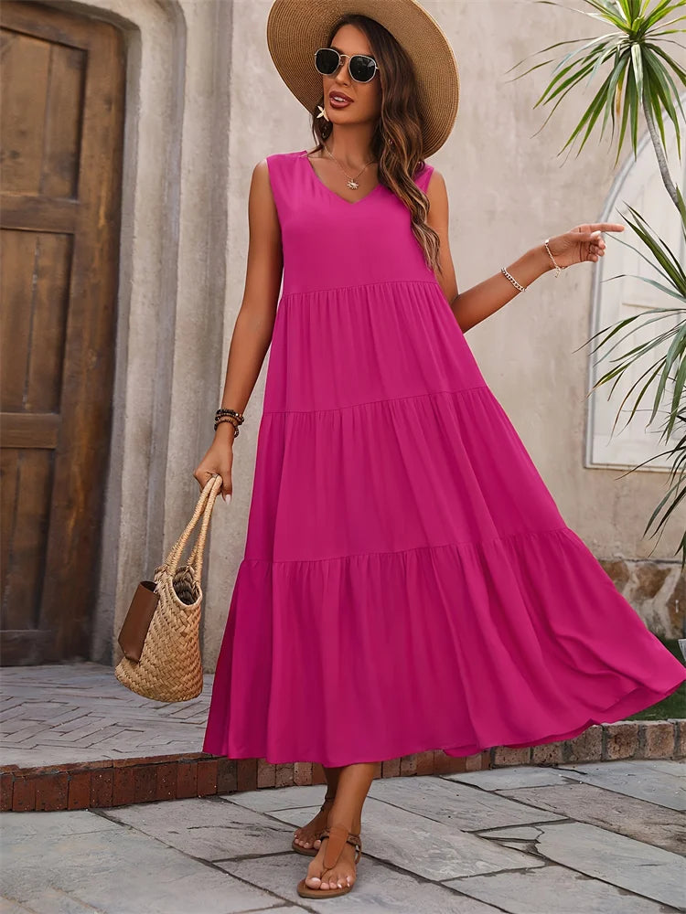 Robe longue sans manches à volants pour femme – Style décontracté d'été, fluide et léger