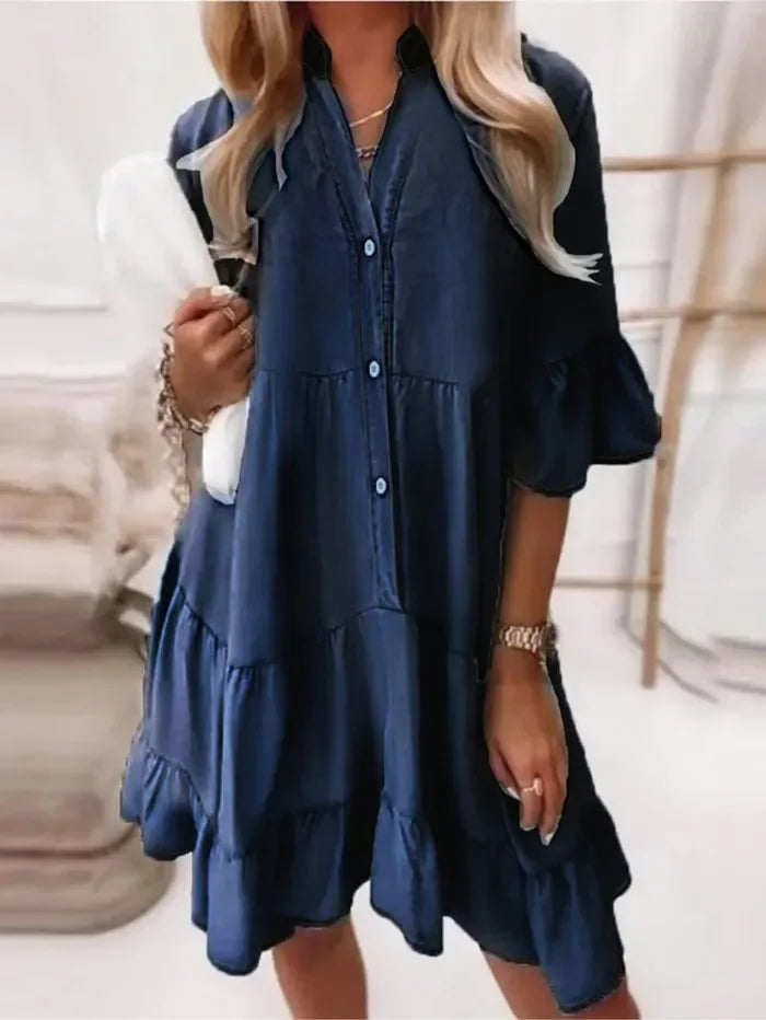 Robe Midi en Denim à Volants Femme – Coupe Décontractée à Col Haut