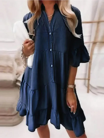 Robe Midi en Denim à Volants Femme – Coupe Décontractée à Col Haut