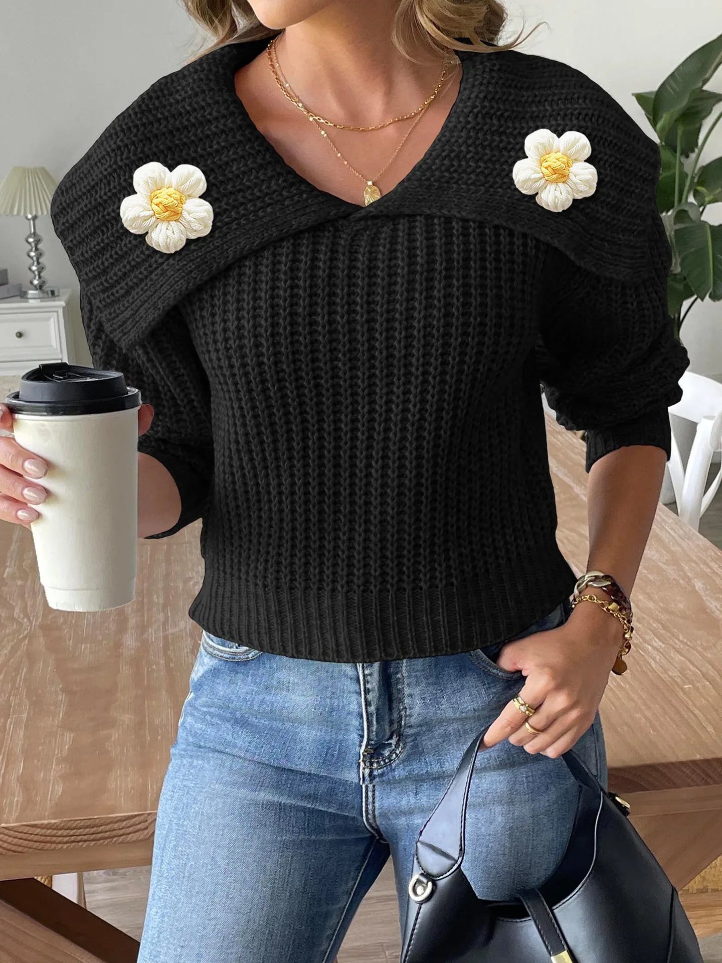 Pull élégant pour femme avec col marguerite – Maille ajustée et confortable