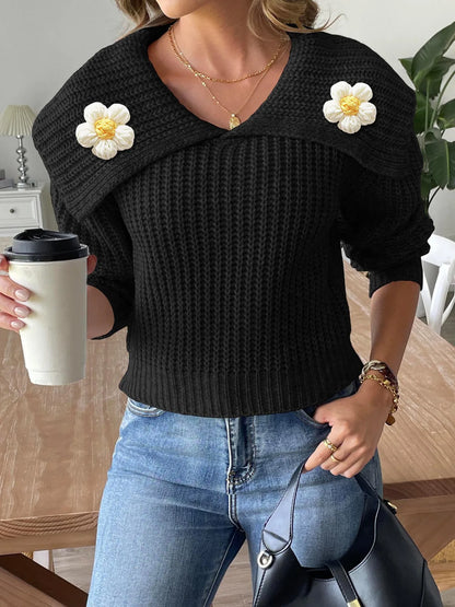 Pull élégant pour femme avec col marguerite – Maille ajustée et confortable
