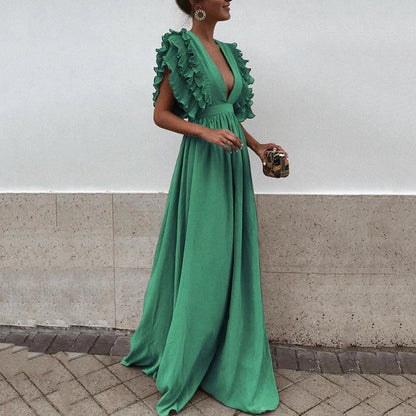 Robe Maxi Fluide pour Femme – Manches Volantées Élégantes avec Col V Profond