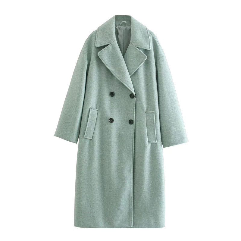 Manteau d'hiver à double boutonnage en laine à boutons longs pour femme - Couleur unie, Vert, XXL