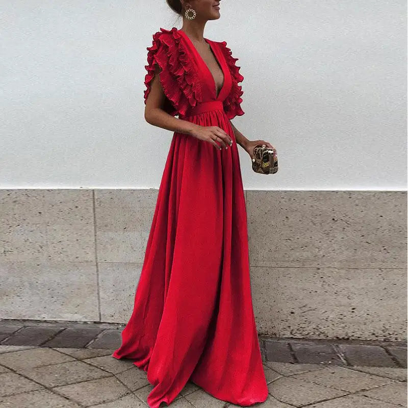 Robe Maxi Fluide pour Femme – Manches Volantées Élégantes avec Col V Profond