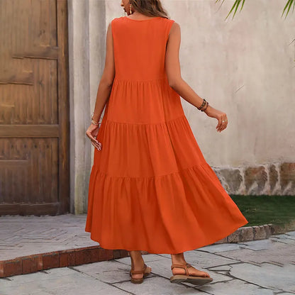 Robe longue sans manches à volants pour femme – Style décontracté d'été, fluide et léger
