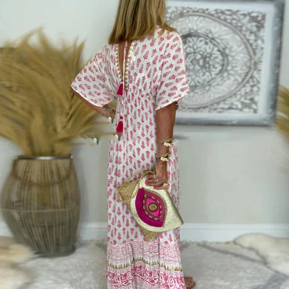 Robe longue bohème femme imprimée – Robe maxi col V manches courtes style boho chic estival
