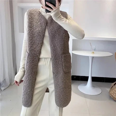 Gilet Long Élégant Femme en Mélange de Laine – Veste Sans Manches Minimaliste et Chaude
