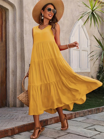 Robe longue sans manches à volants pour femme – Style décontracté d'été, fluide et léger