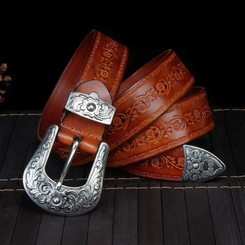 Ceinture homme en cuir de style western - Boucle gravée, style cow-boy classique