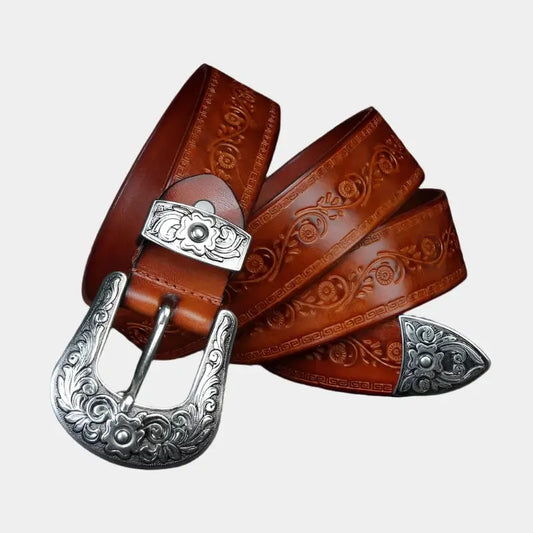 Ceinture homme en cuir de style western - Boucle gravée, style cow-boy classique