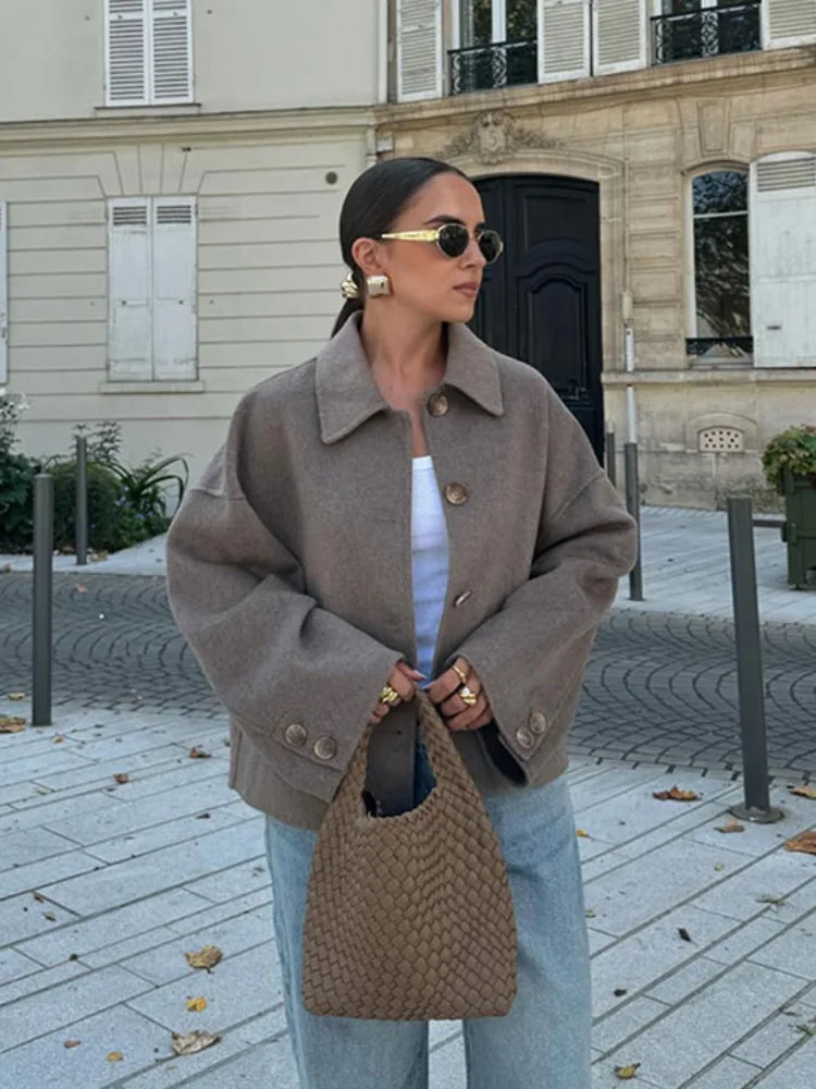 Manteau Femme Élégant en Mélange de Laine – Veste Classique Boutonnée Automne Hiver